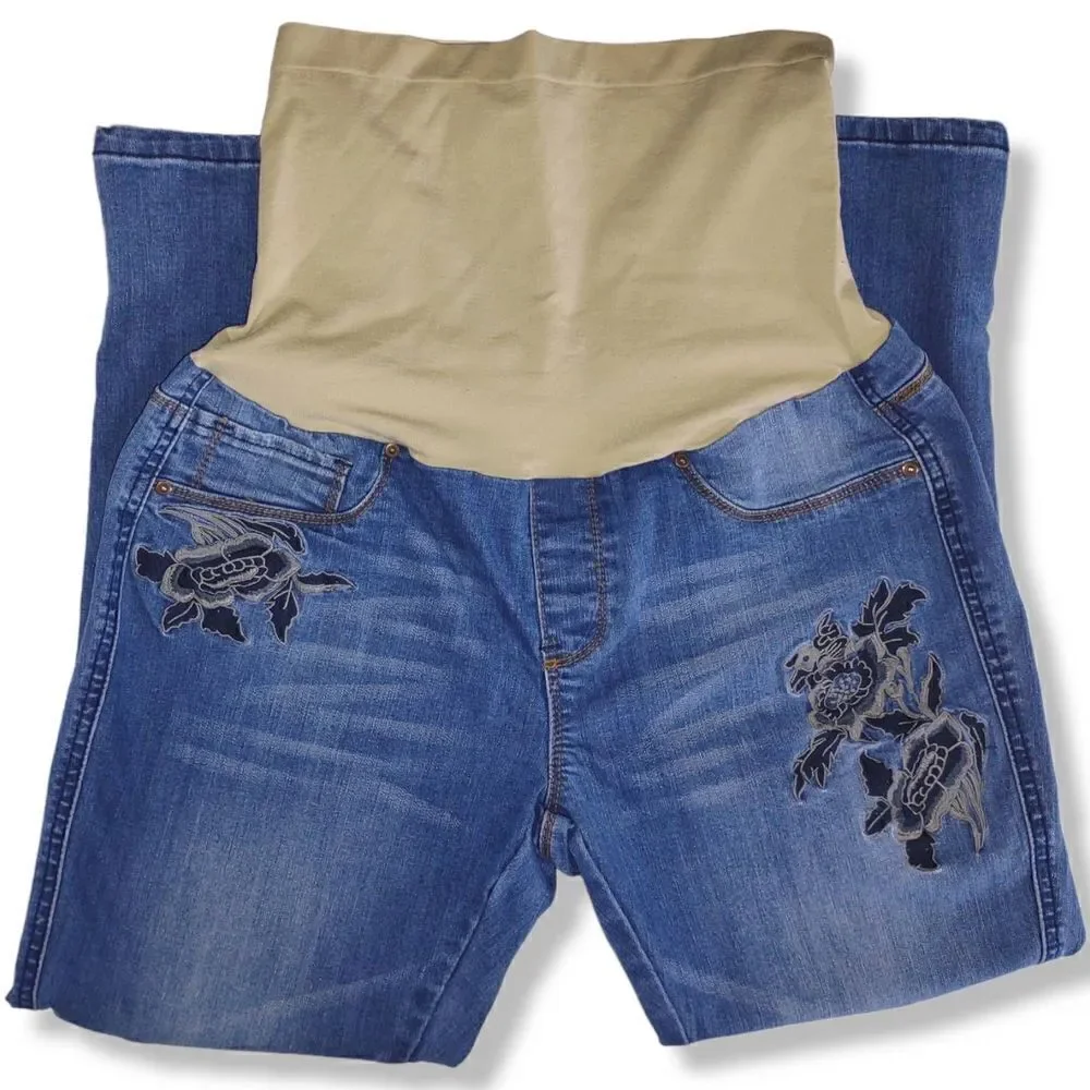 Bella‎ Vida Maternity Jeans Blue Distressed Floral Applique Pockets Full Elastic